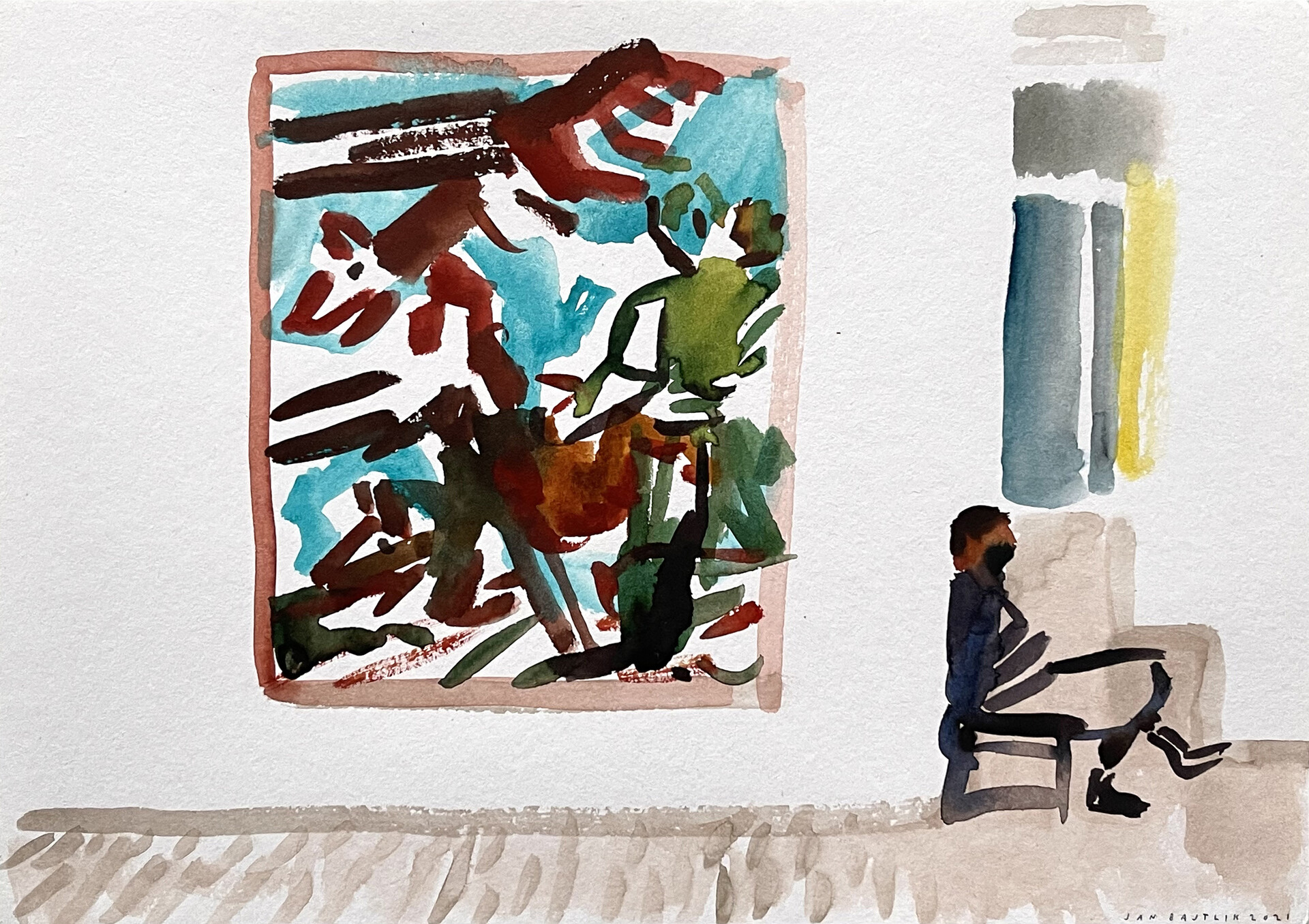 "Zwei Meissener Waldarbeiter” inspired by Georg Baselitz work, presented on the Centre Pompidou exhibition “Baselitz - La rétrospective”, 21 x 29,5 cm, watercolour on paper, 2021