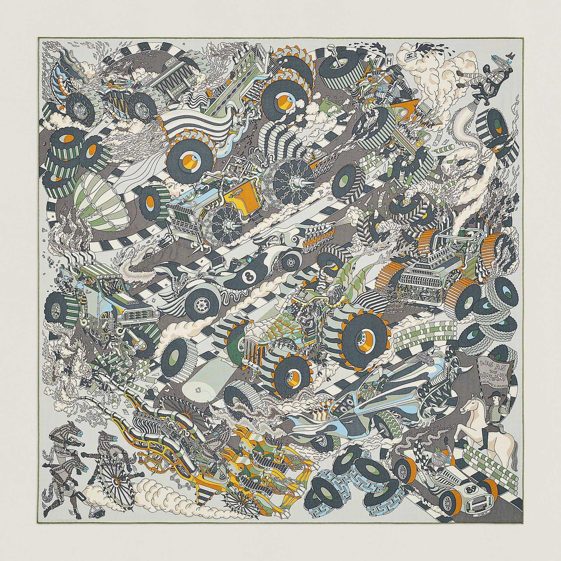 "Les as du volant", cashmere and silk scarf, 100 x 100 cm