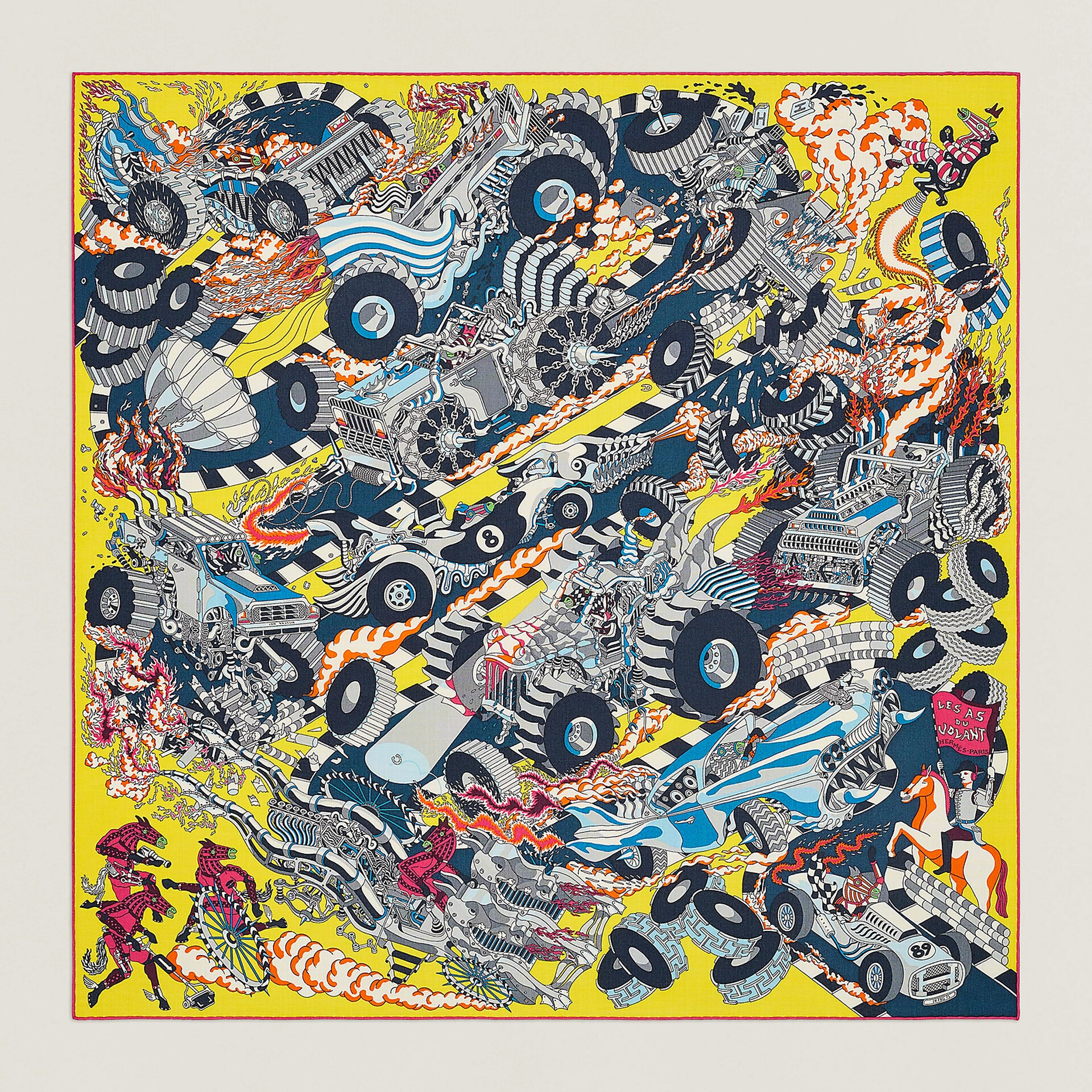 "Les as du volant", cashmere and silk scarf, 100 x 100 cm